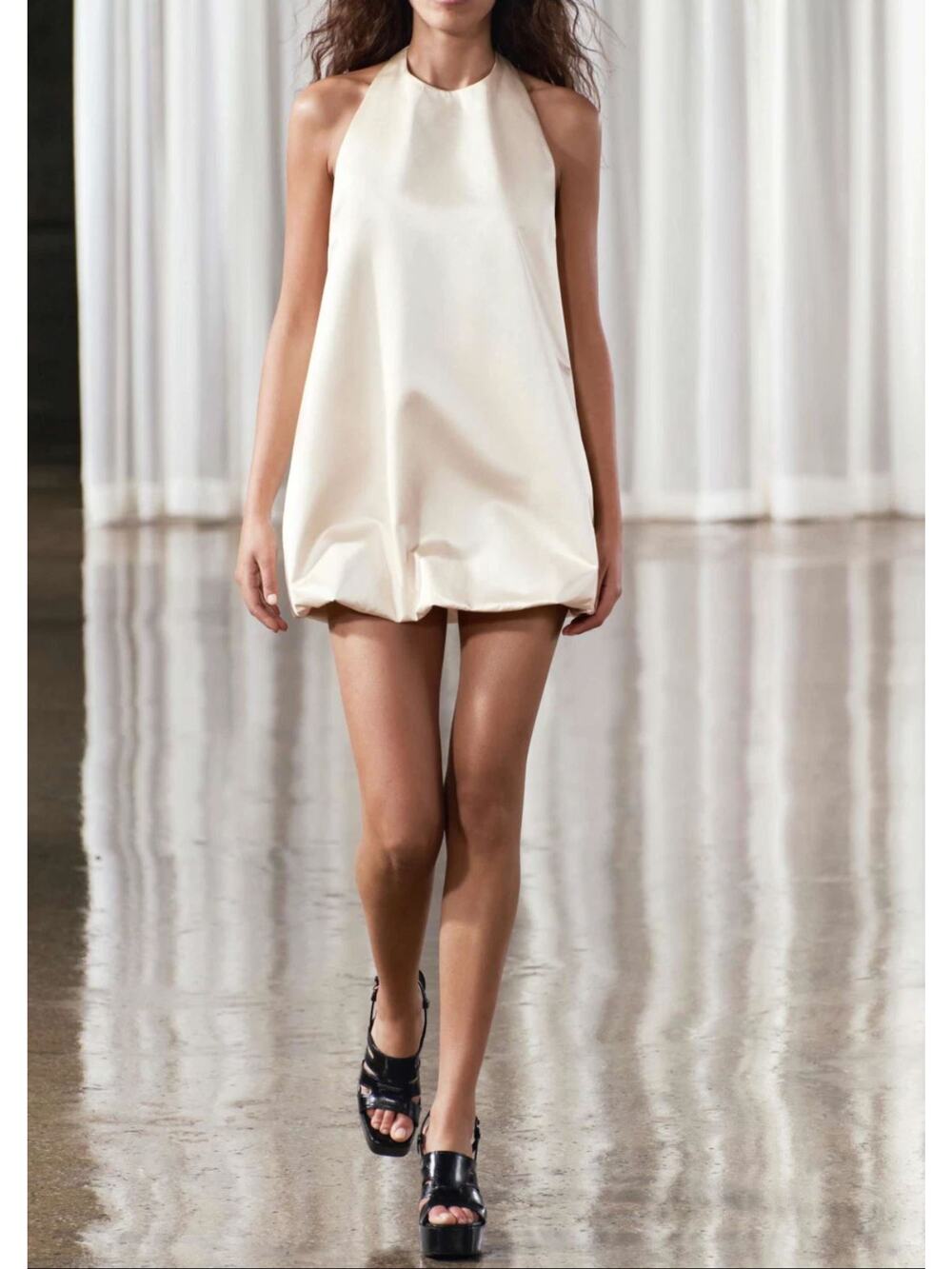 Zara Satin Bubble Hem Mini Dress Medium Halter Backless Balloon Hem Glam Party